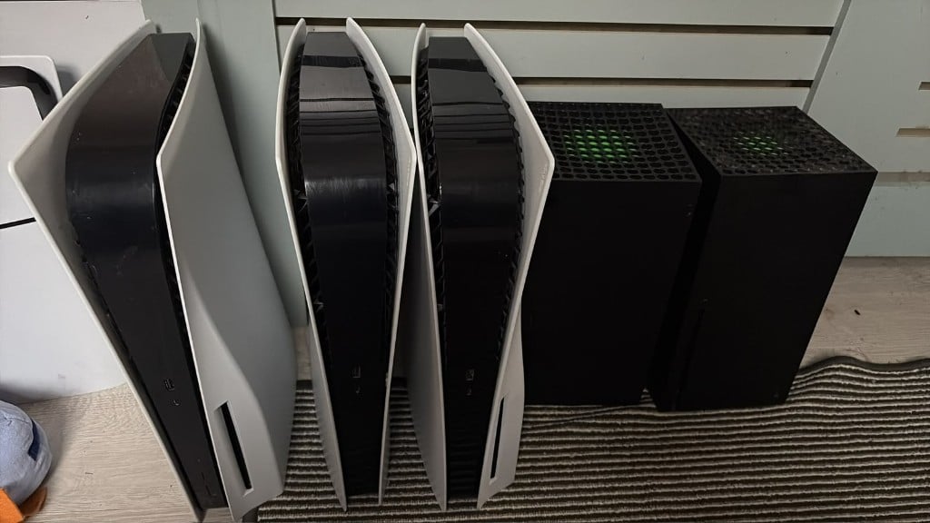 Lineup of PlayStation 5 and Xbox Series X consoles ready for repair