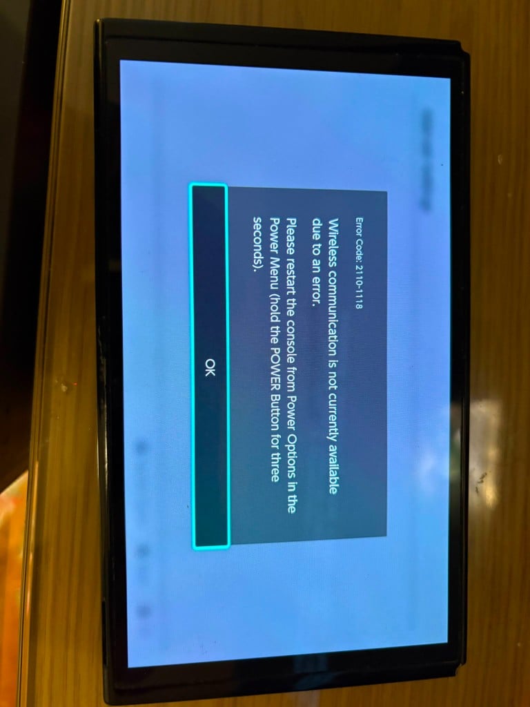 Nintendo Switch showing a wireless communication fault during diagnosis